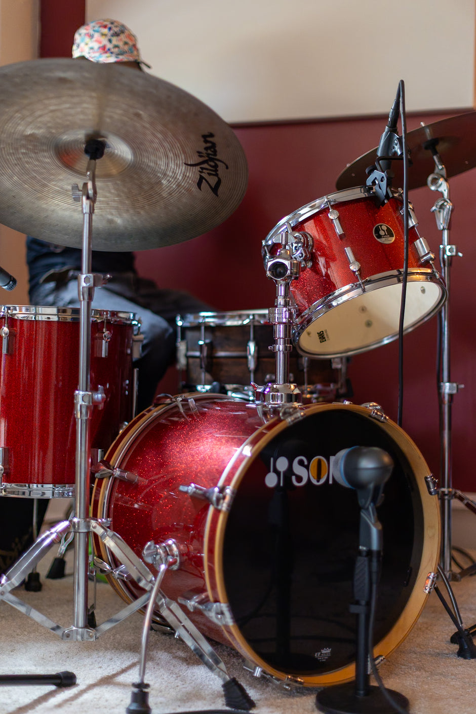 drum kit in studio recording