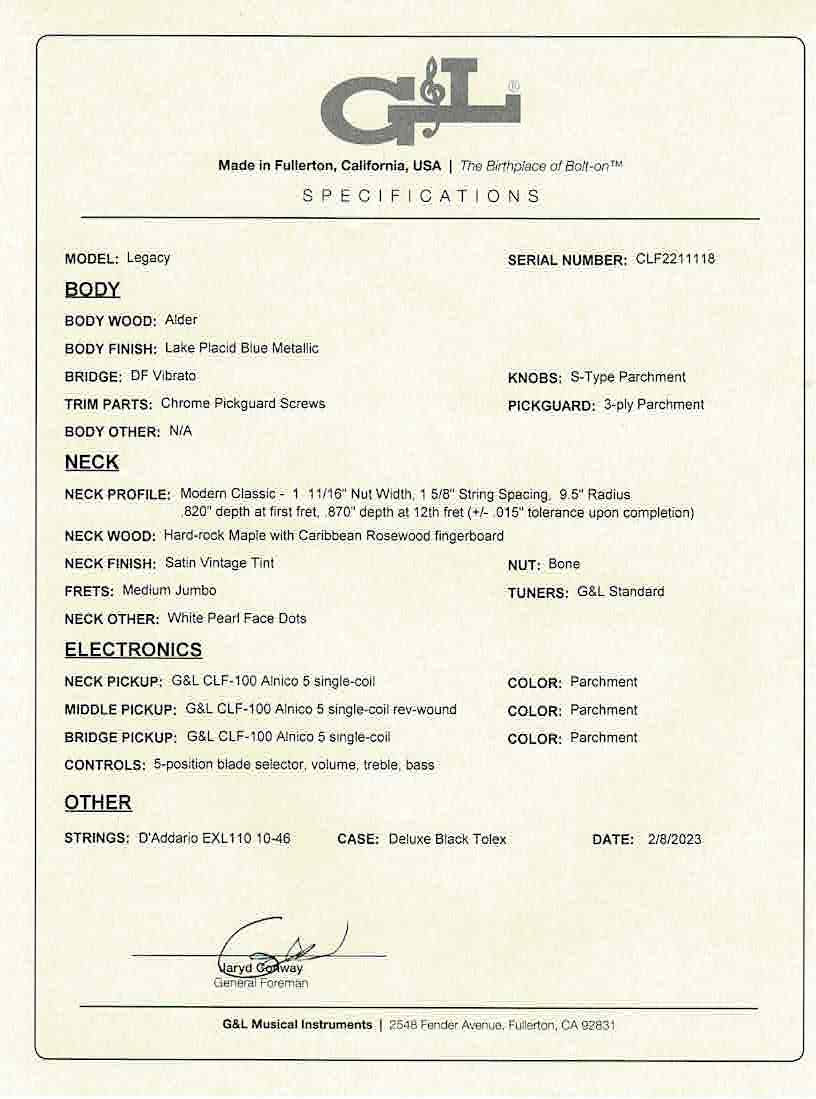 G&L USA Legacy Electric Guitar - Lake Placid Blue