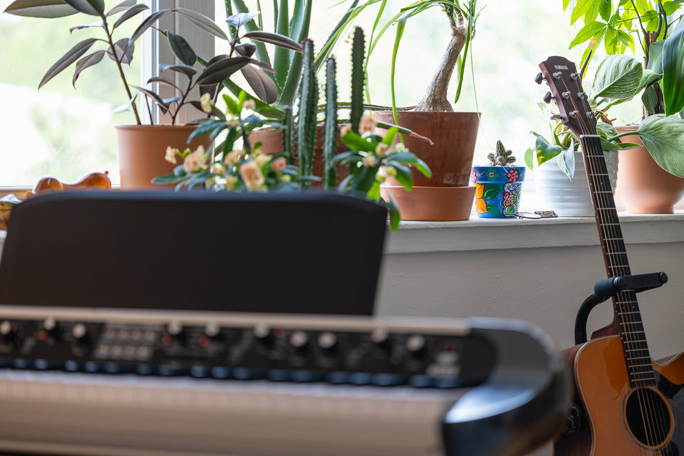 Skyline room piano and plants 