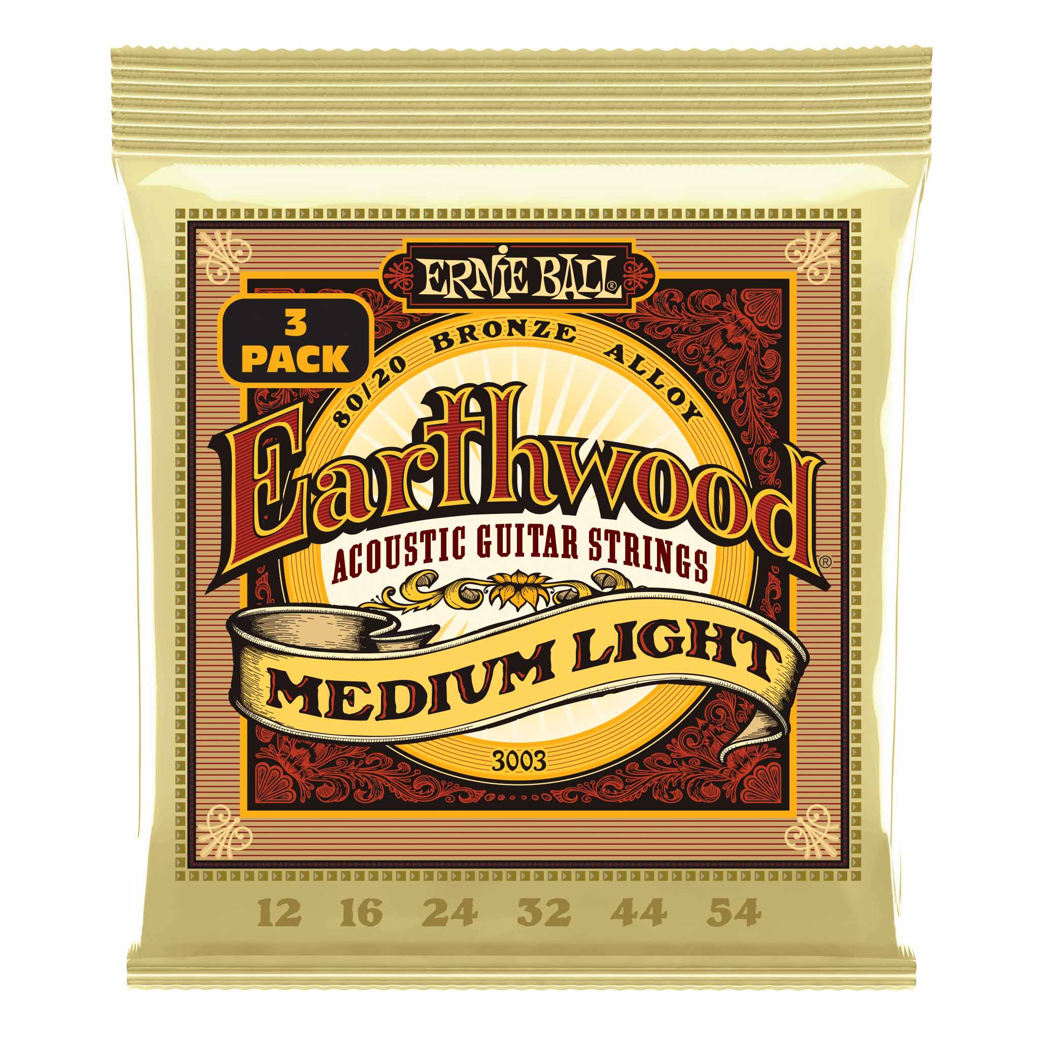 Ernie Ball Earthwood 80/20 Bronze Medium Light Acoustic Guitar Strings 3-Pack, 12-54