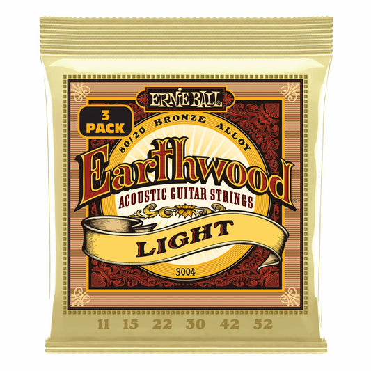 Ernie Ball Earthwood 80/20 Bronze Light Acoustic Guitar Strings 3-Pack, 11-52