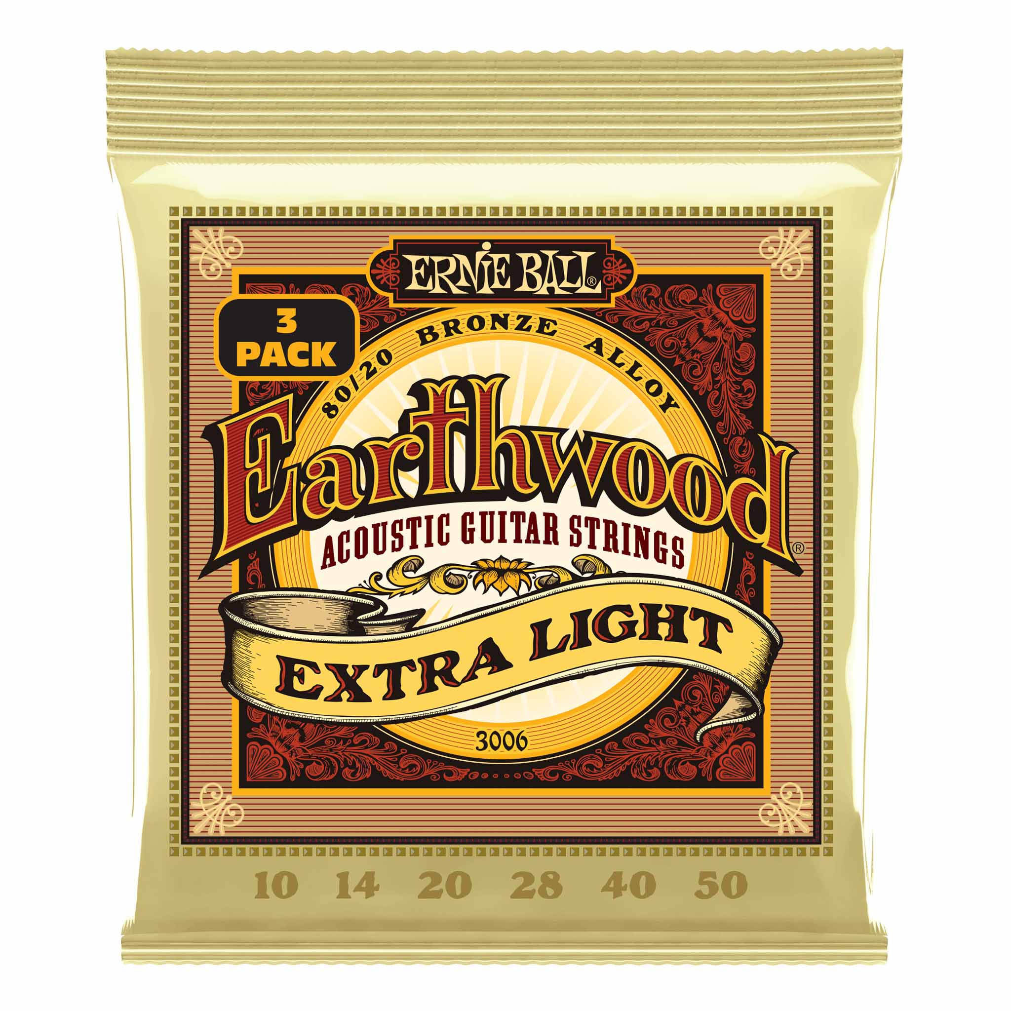 Ernie Ball Earthwood 80/20 Bronze Extra Light Acoustic Guitar Strings 3-Pack, 10-50