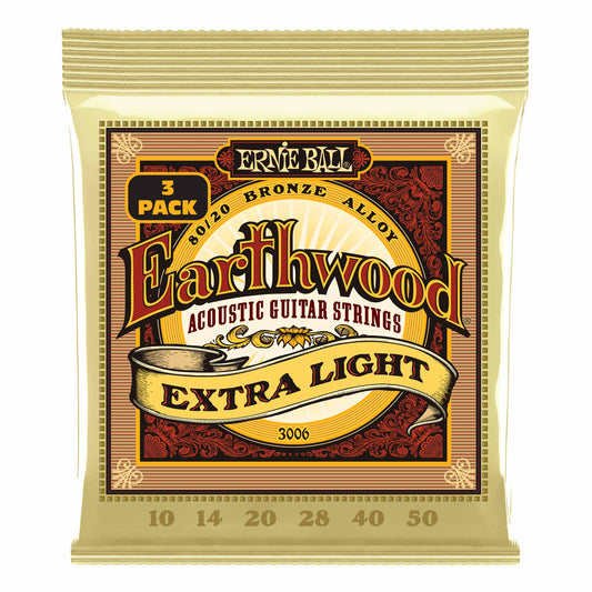 Ernie Ball Earthwood 80/20 Bronze Extra Light Acoustic Guitar Strings 3-Pack, 10-50