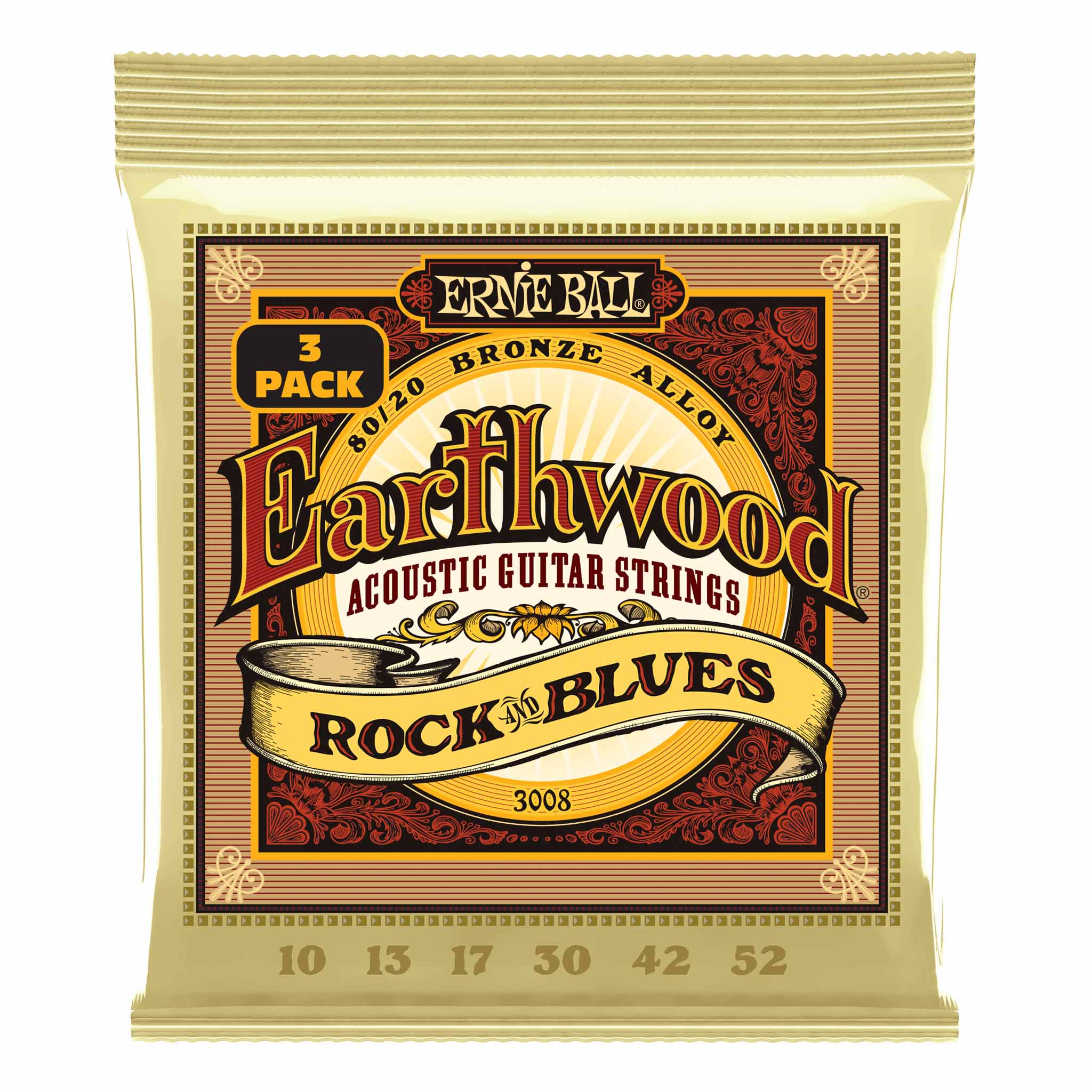 Ernie Ball Earthwood 80/20 Bronze Rock and Blues Acoustic Guitar Strings, 10-52