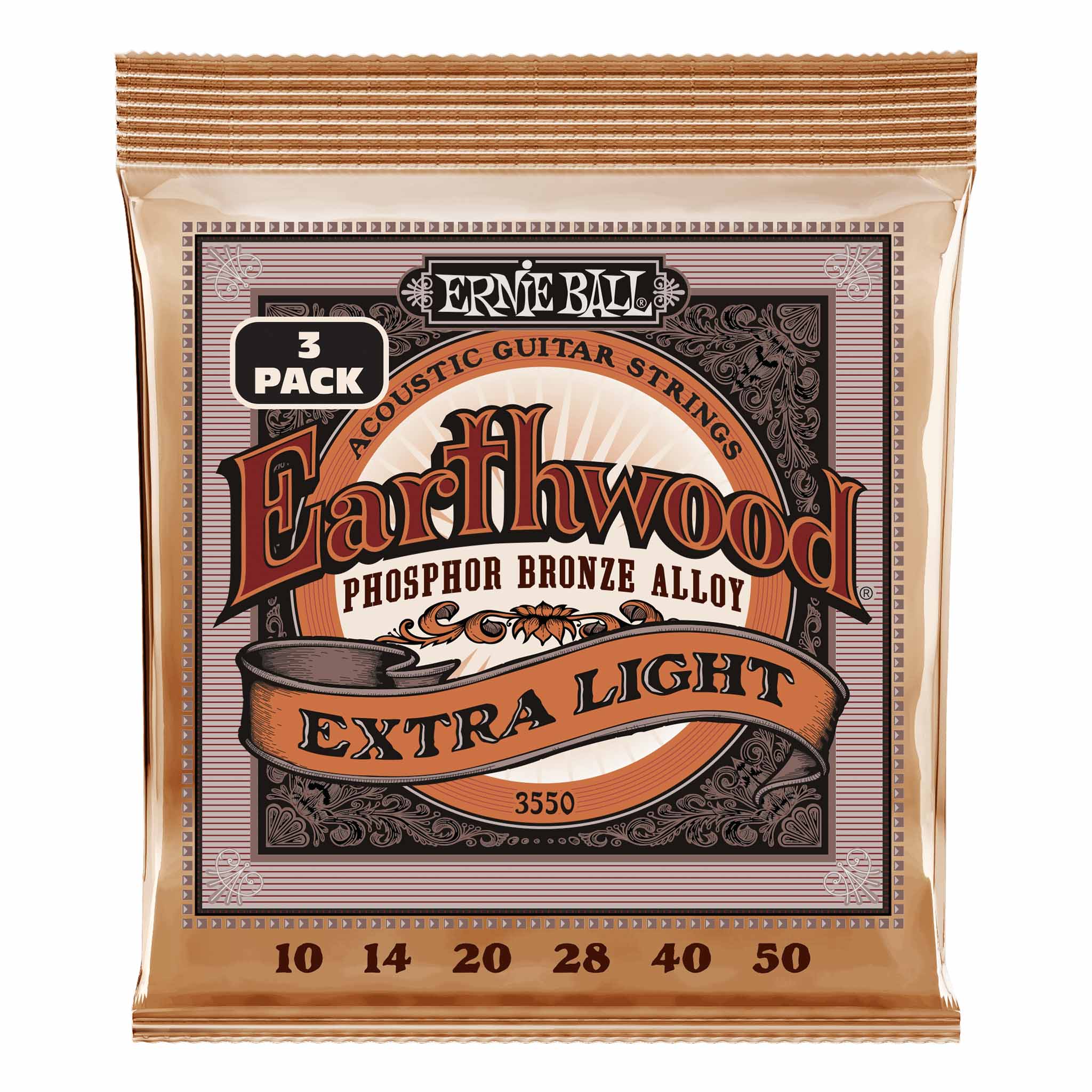 Ernie Ball Earthwood Phosphor Bronze Extra Light Acoustic Guitar Strings 3-Pack, 10-50